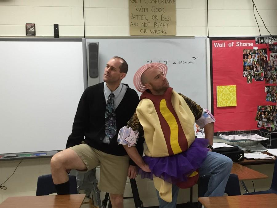 Mr. Michaud loses a bet...Mr. Dunbar dressed in his daily attire. 