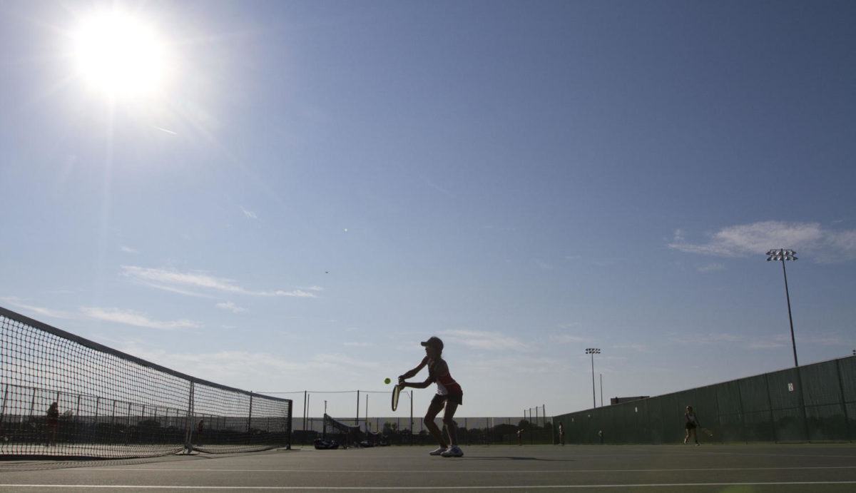 Muskego Number One Singles Player Sonia Gude returns a ball from Waukesha Souths Rina Niehoff during the teams meet at Muskego High School Tuesday, Sept. 15, 2015, in Muskego, Wisconsin.
